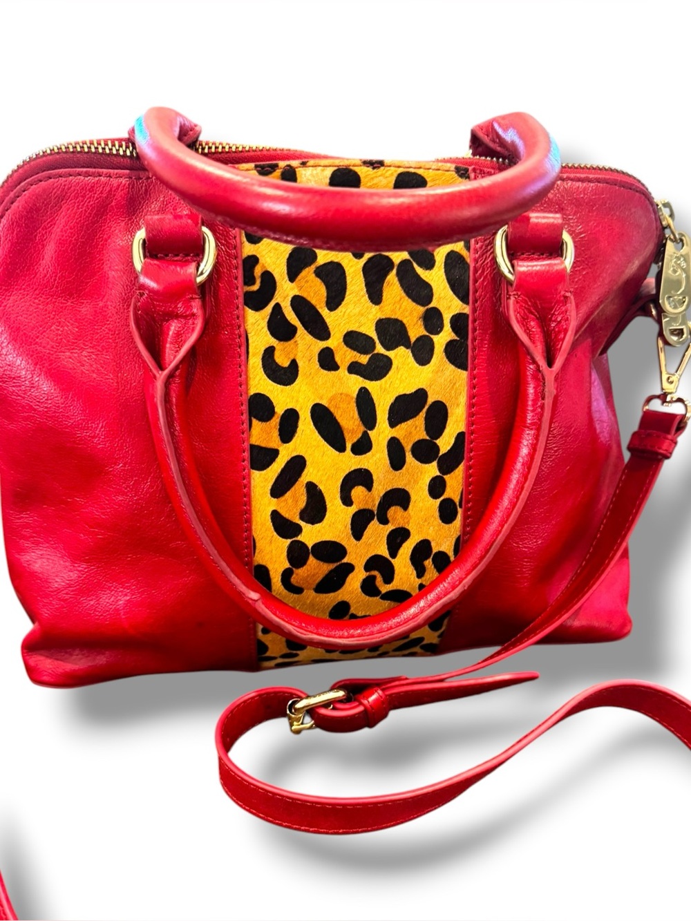 Badgley Mischka Red Leather Crossbody Satchel with Leopard pony hair Panel